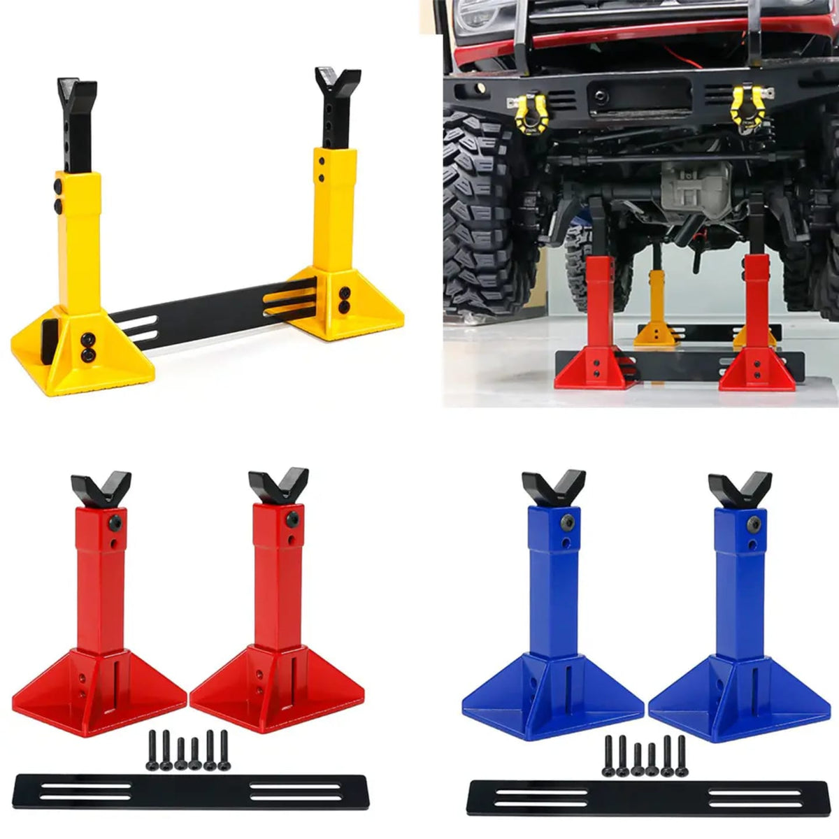 RC Crawler Metal Jack Stand Set - Adjustable Heavy-Duty Axle Stands With Base Plate